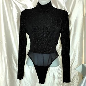 Black Sparkle long sleeve mock turtleneck zipper-back two-snap thong bodysuit Sm